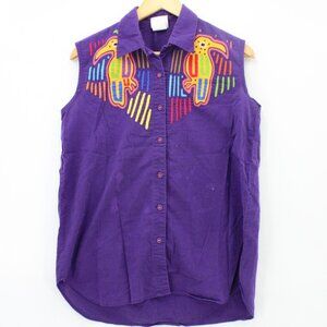 Vintage My Name Is Panama Shirt Womens Purple Bird Colorful Embroidered Small S